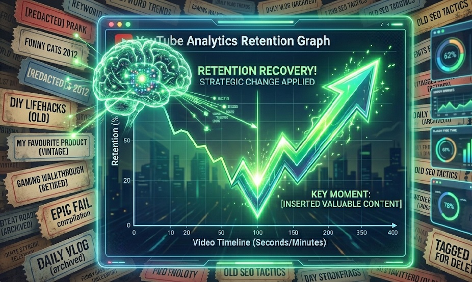 A glowing AI brain analyzing video content over a background of outdated YouTube tags.